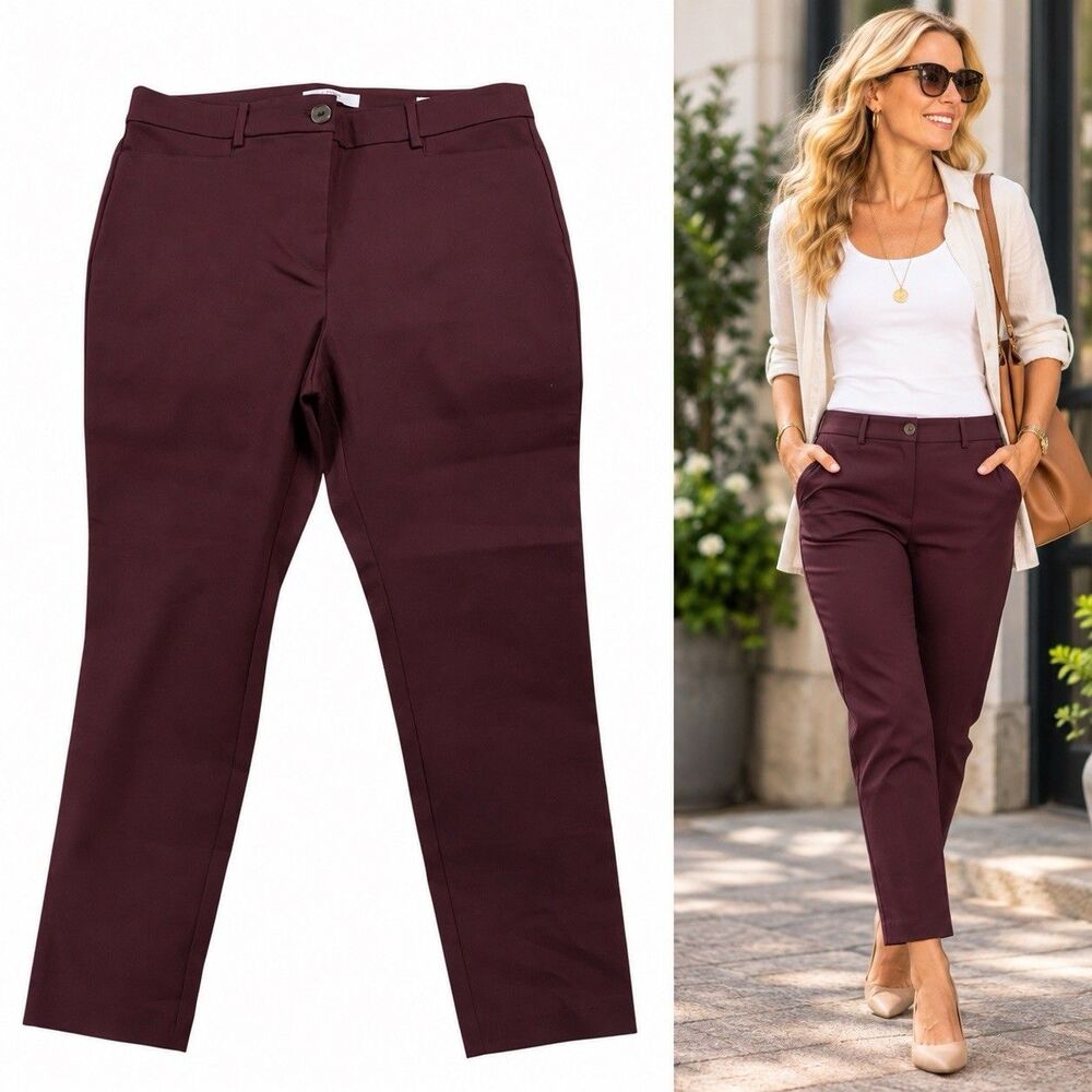 LOFT Sutton Skinny Pants Womens 12 Curvy Burgundy Stretch Ankle Career